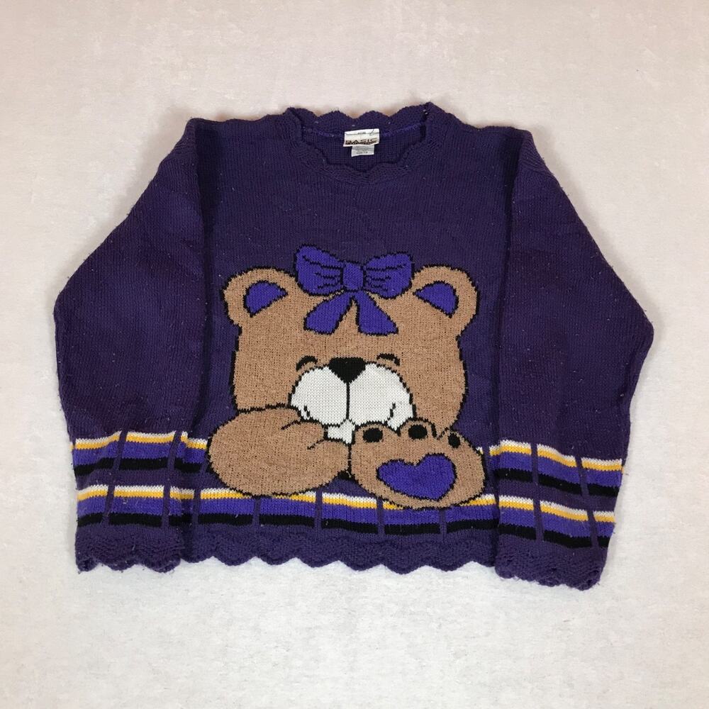 Vintage 90s Made In USA Basic Editions Coquette Teddy Bear Purple Knit Sweater